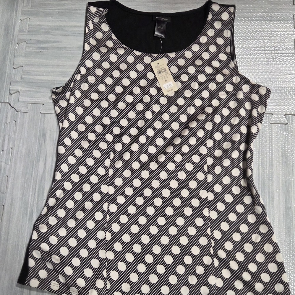 Ann Taylor Black And White Polka Dot With Striped Fitted Sleeveless Tank Top